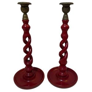 Cherry red MCM style twisted wood candlesticks with silver leaf detail vintage